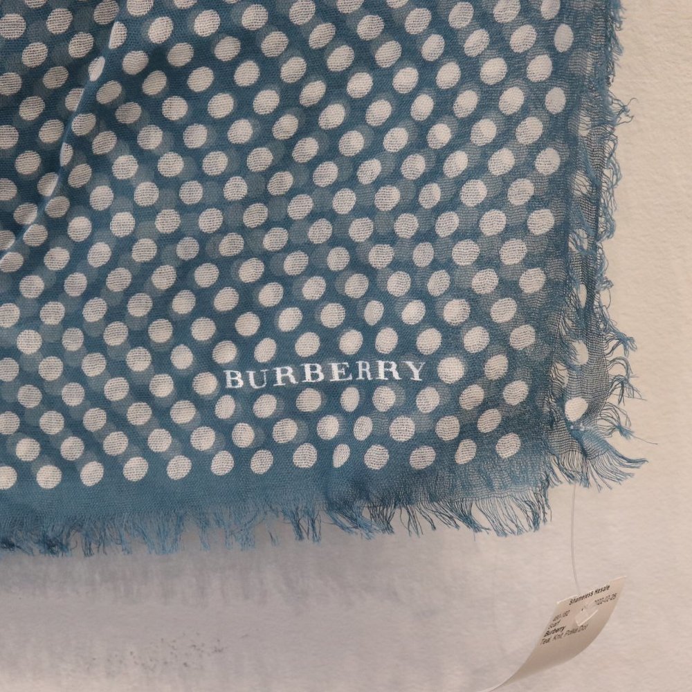 Burberry Unisex Womens Blue White Scarf Polka Dot Cotton Paper Weight Shawl Wrap